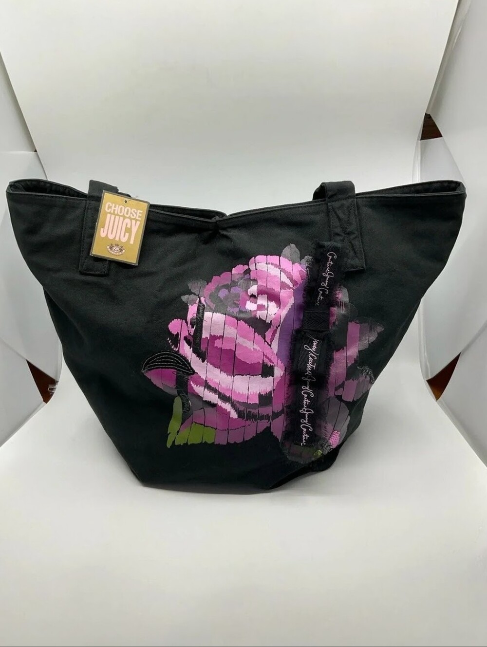 Juicy Couture 2010 Floral Bow Cotton Canvas Tote Bag NWT Purple Sequins Travel